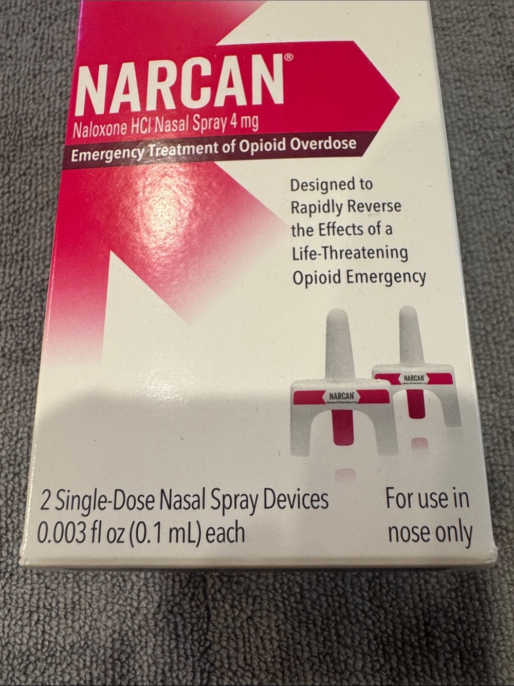 NARCAN Naloxone Nasal Spray - White & Pink Packaging